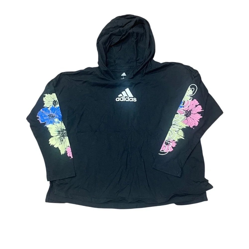 Adidas Girls Black Floral Sleeve Hooded Long Sleeve‎ T-Shirt Loose Fit Size L 14